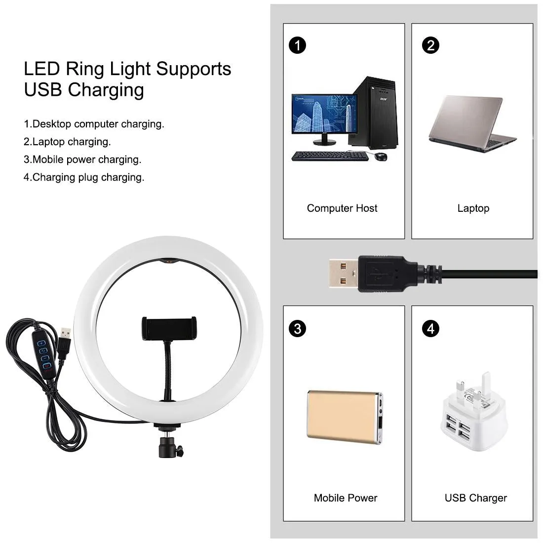 10.2" 26cm Ring Light Kit with Tripod | USB | 3 Modes | Dual Colour | Phone Clamp | Remote | Black