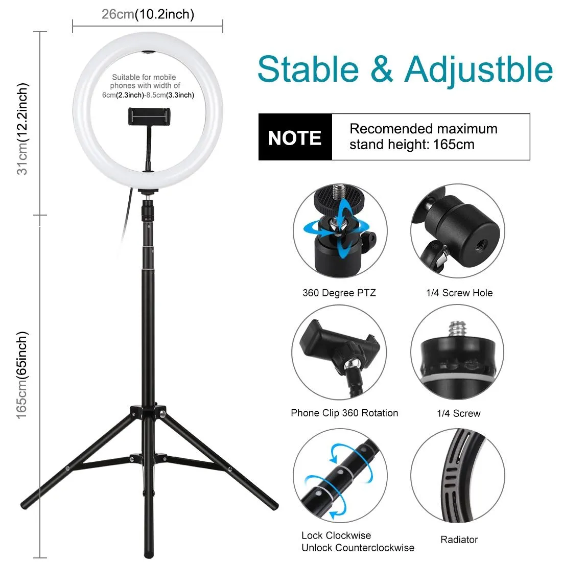 10.2" 26cm Ring Light Kit with Tripod | USB | 3 Modes | Dual Colour | Phone Clamp | Remote | Black