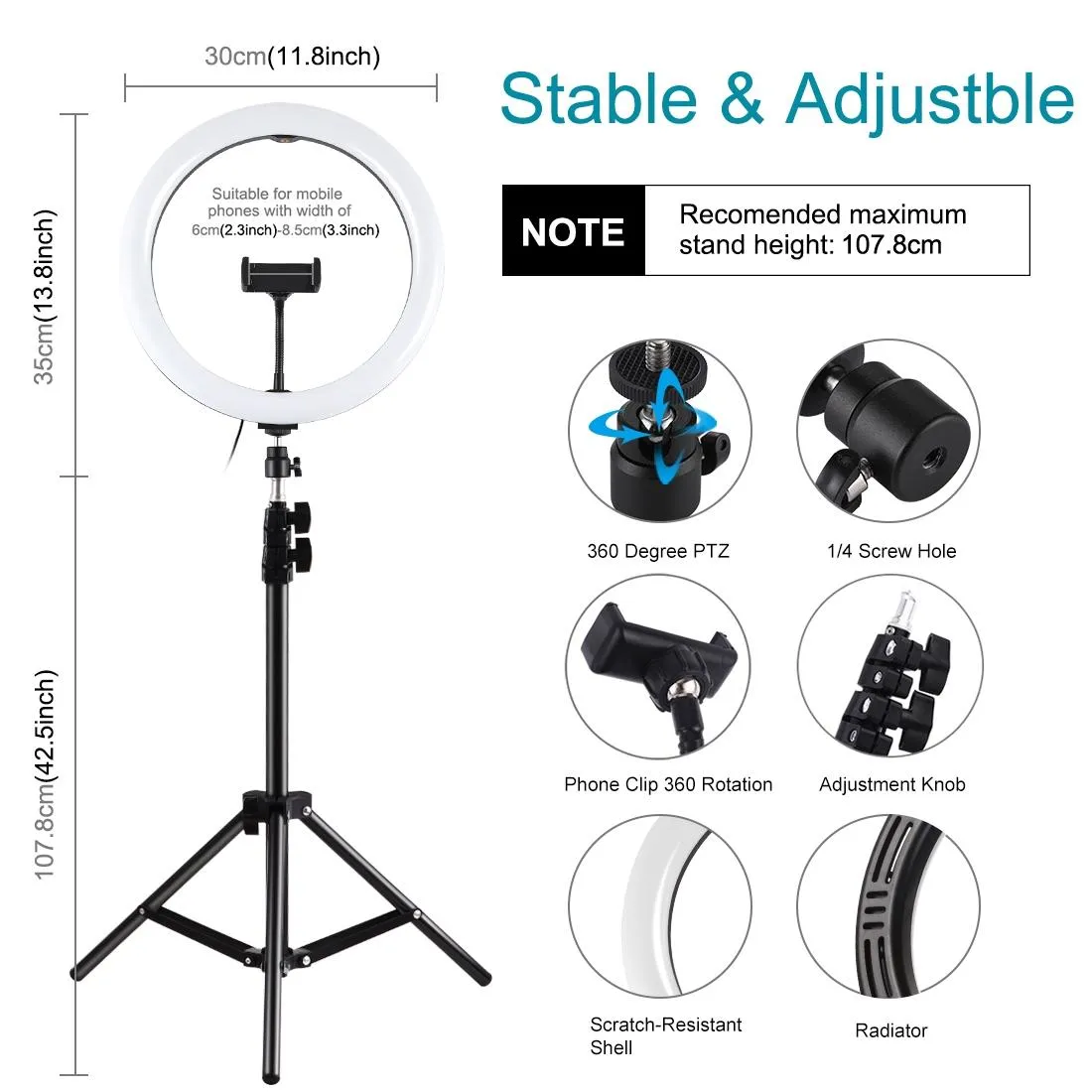 11.8" LED Ring Light with Tripod & Phone Clamp | 3 Modes | Dual Colour Temperature Dimmable | Perfect for Vlogging & Live Streaming