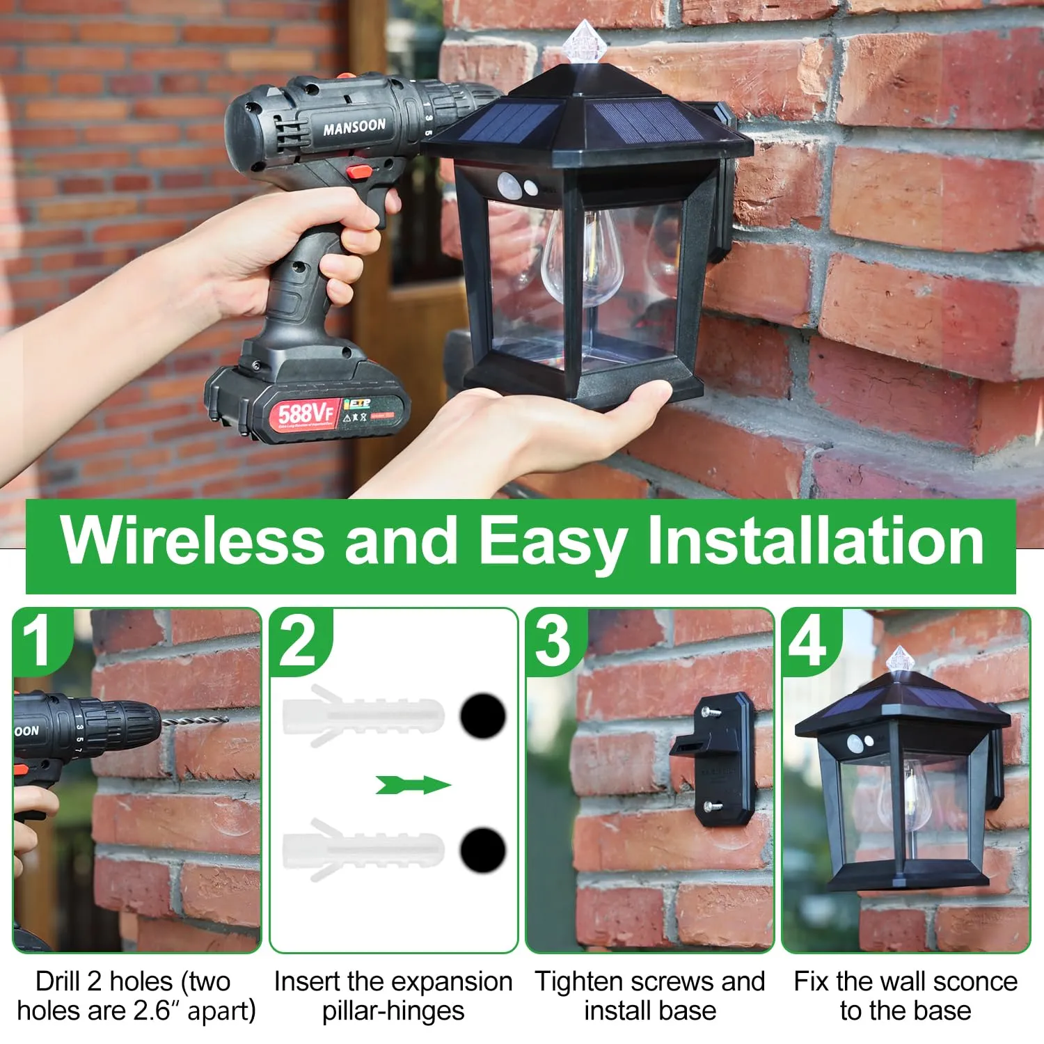 2 Pack Solar Wall Lights Outdoor with 3 Modes, Dusk to Dawn Motion Sensor LED Sconce Lights IP65 Waterproof, Exterior Front Porch Security Lamps Wall Mount Patio Fence Garage Garden Decorative