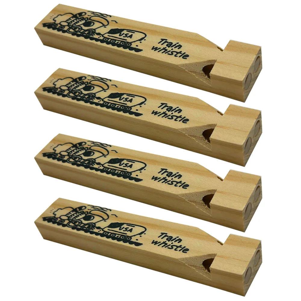 4 Wooden Train Whistles Choo Choo Wood Classic Toy Sound Kids Party Favor 5-3/4"