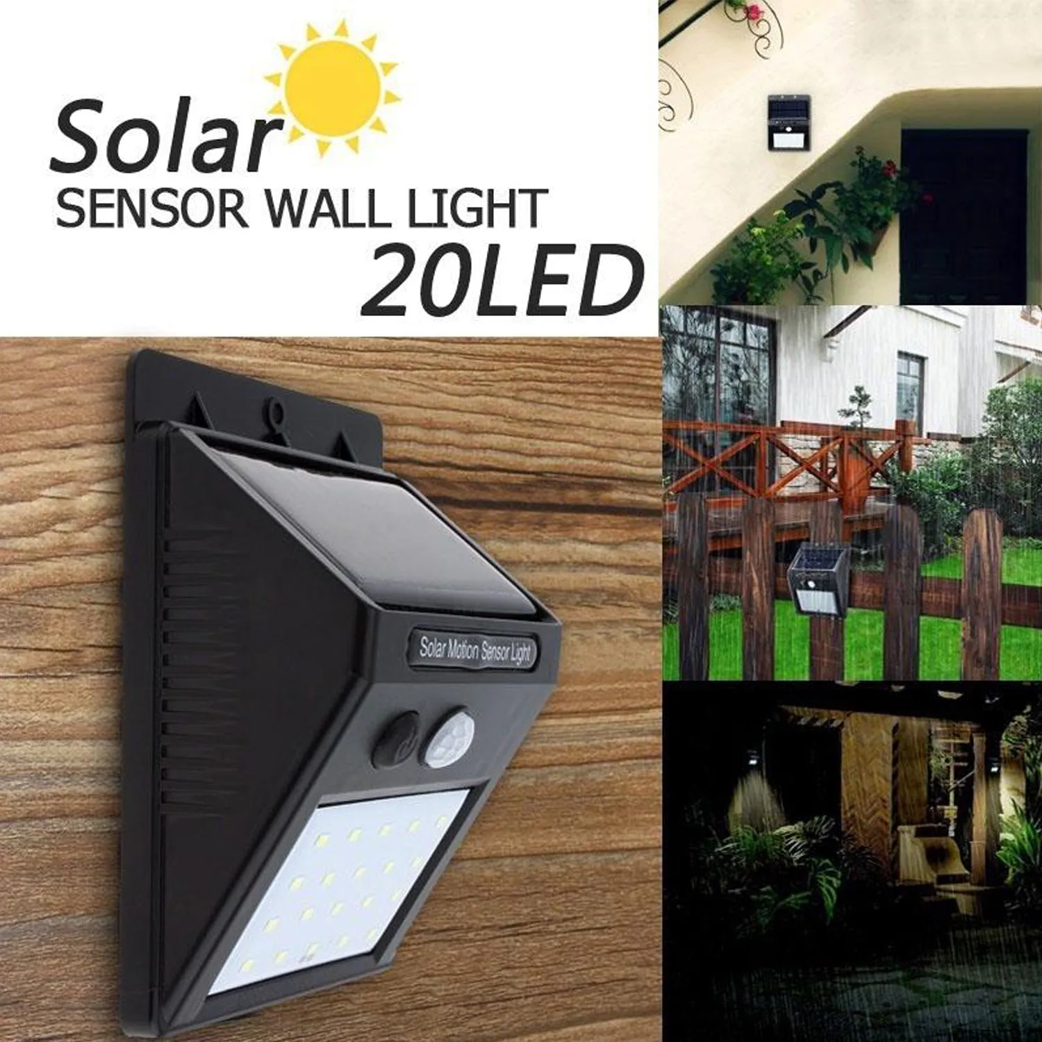 Yellow Solar Wireless Security Motion Sensor LED Night Light for Home Outdoor / Garden Wall.