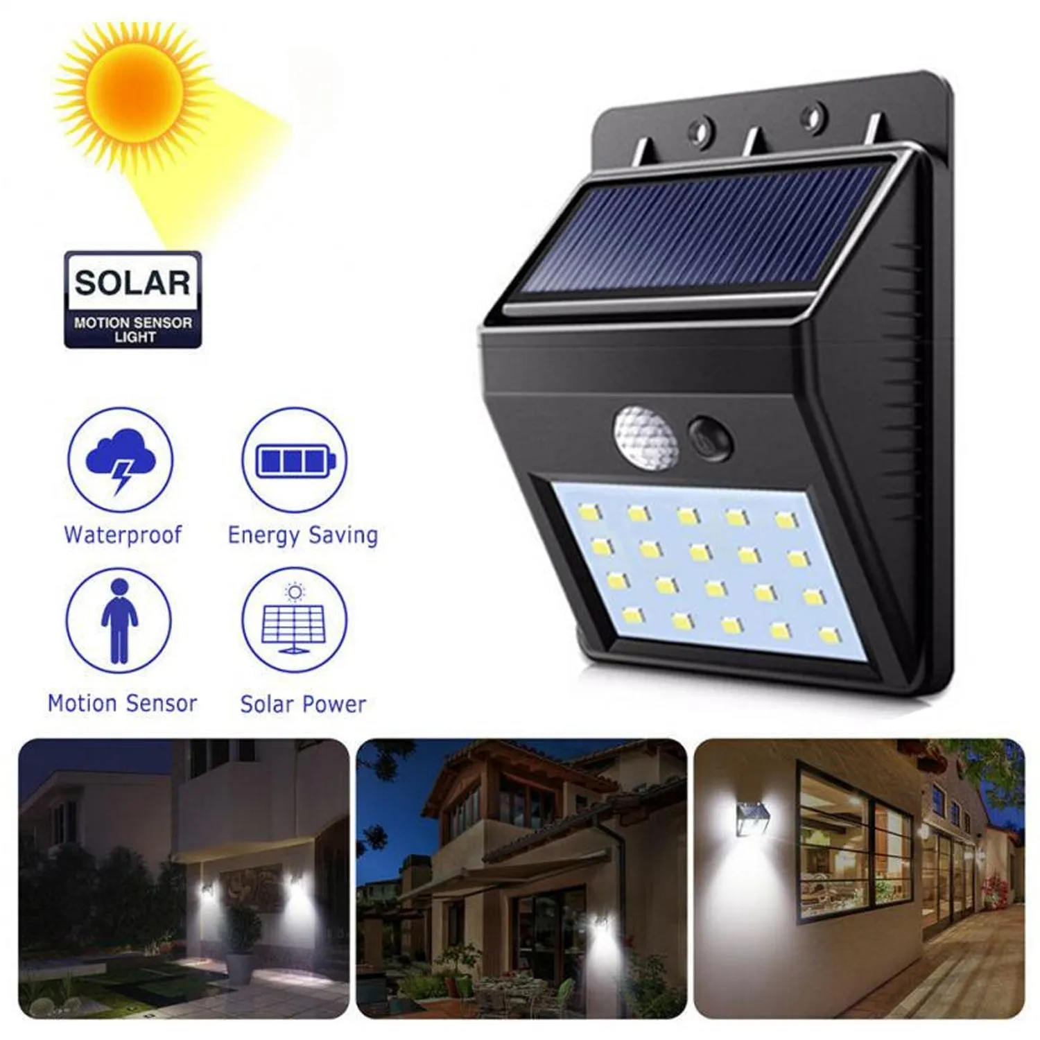 Yellow Solar Wireless Security Motion Sensor LED Night Light for Home Outdoor / Garden Wall.