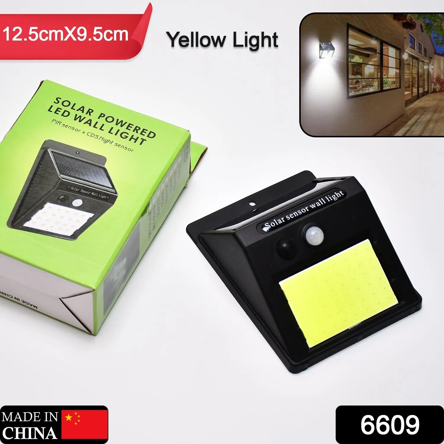 Yellow Solar Wireless Security Motion Sensor LED Night Light for Home Outdoor / Garden Wall.